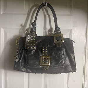 CMZ Stylish Synthetic Black  Medium Satchel with Gold  Studs Accents.